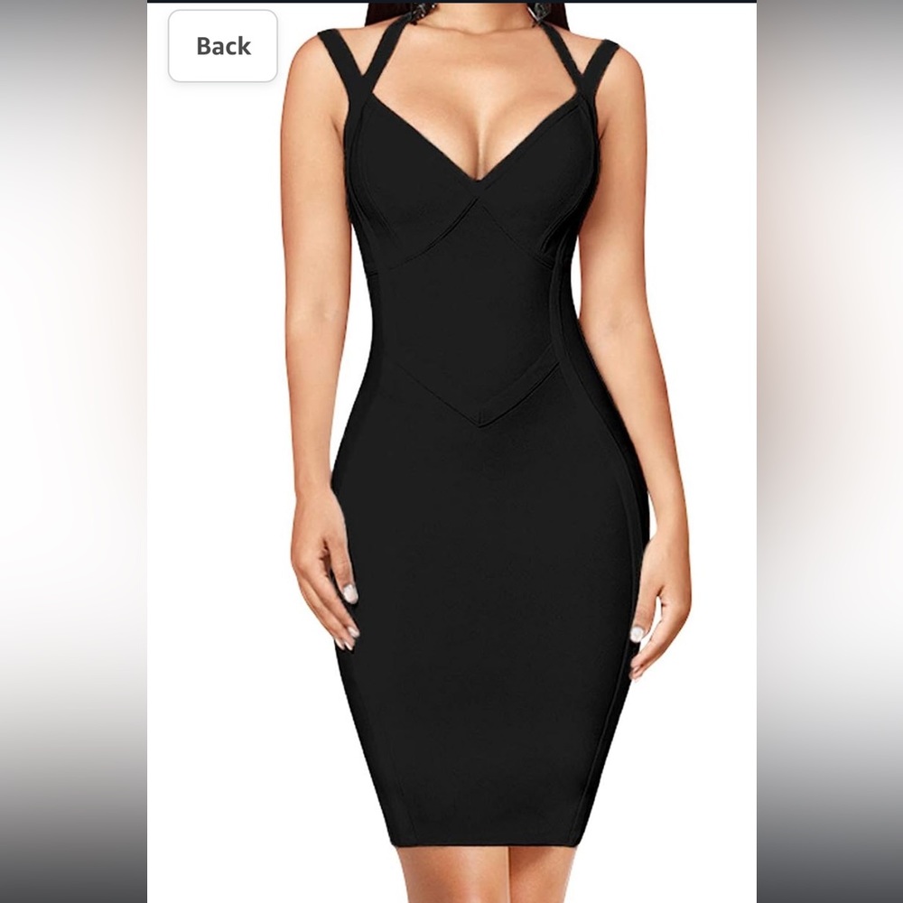Medium Black V Neck, Halter Spaghetti Strap, Knee Length Bandage Dress - Picture 3 of 3